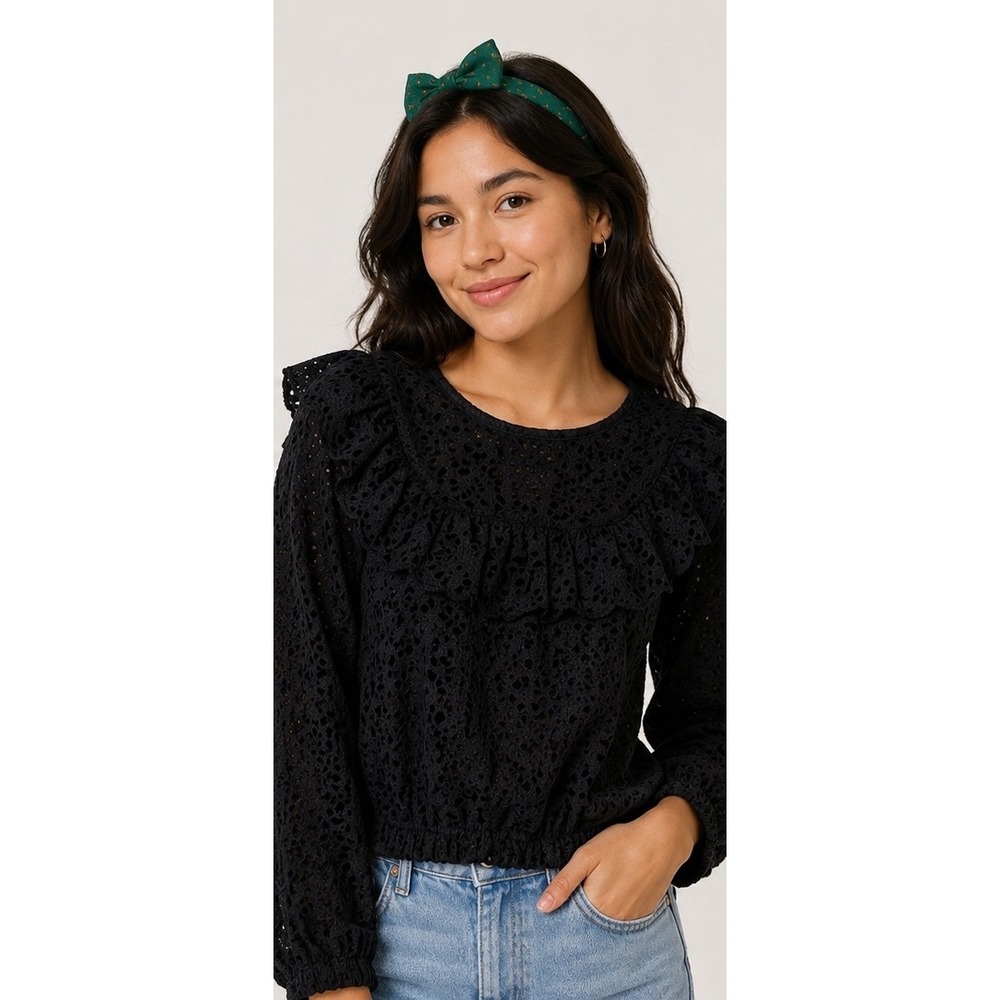 Free People Beach Black Eyelet Lace Ruffle Blouse Long Sleeve Smocked Top XS New